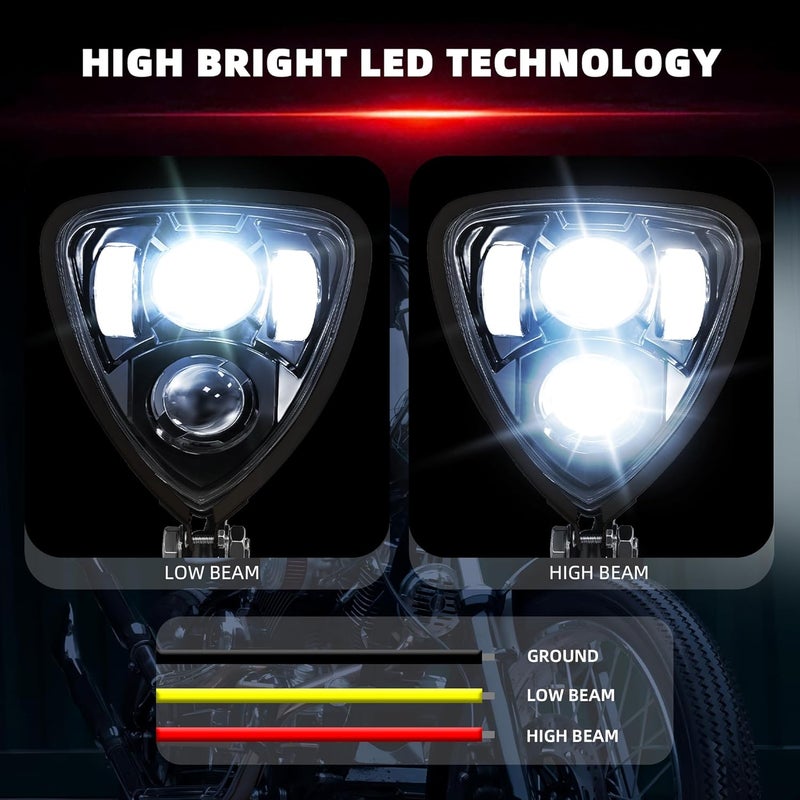 FATECIM Triangle Motorcycle LED Headlight Motorbike Hi/Lo Beam Headlamp Bottom Mount Head Light Lamp Clear Lens Universal for Harley Kawasaki Honda Yamaha Suzuki Chopper Cafe Racer Bobber Chrome - Image 2
